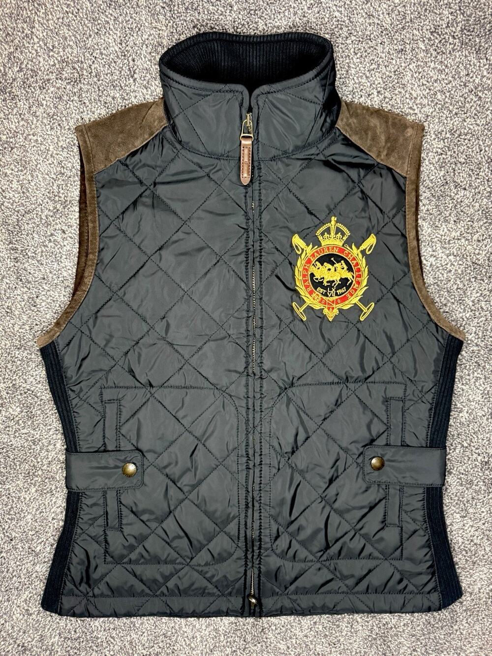 Polo Ralph Lauren Quilted Vest Womens M Black Suede Crest Challenge Cup Preppy